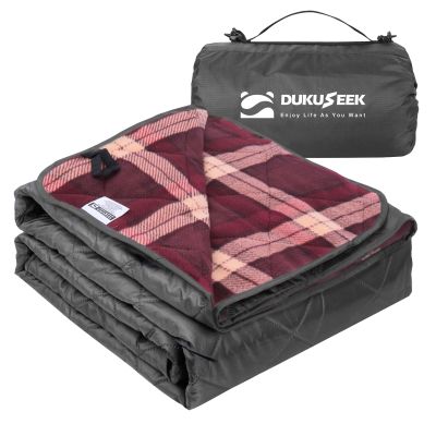 DUKUSEEK Large Camping Blanket - Waterproof, Quilted, Extra Thick Fleece, Warm, Windproof, Wearable, Includes Foldable Hood and Stuff Sack for Car, Outdoor Sports, Picnics, Stadiums, Dogs