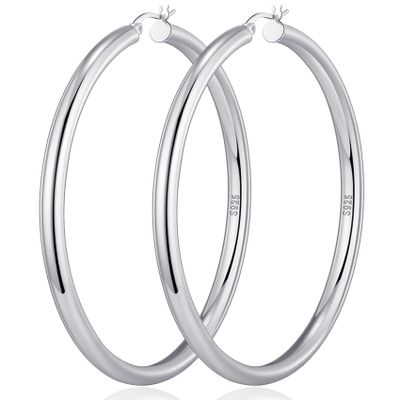 4mm Thick Silver Chunky Earrings Hollow Tube Hoops Earrings Thick Chunky Hoops Hypoallergenic Lightweight Silver Hoop Large Earrings 20/30/40/50/60MM