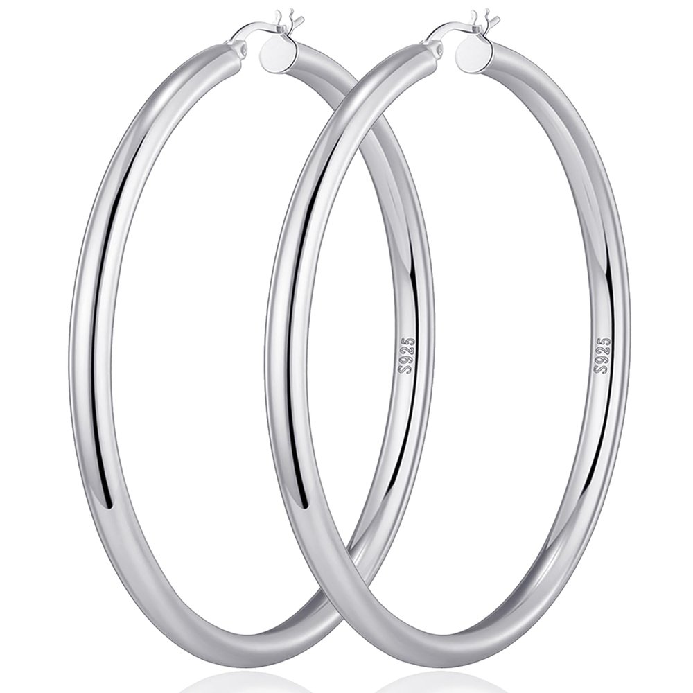 4mm Thick Silver Chunky Earrings Hollow Tube Hoops Earrings Thick Chunky Hoops Hypoallergenic Lightweight Silver Hoop Large Earrings 20/30/40/50/60MM