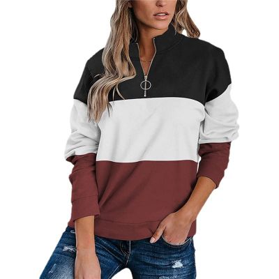 Womens Color Block Quarter Zip Pullovers Long Sleeve Fall Winter Sweatshirts Fashion Casual Tunic Pullover Tops (Wine Red,Large)