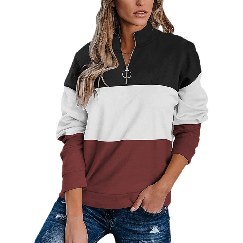 Womens Color Block Quarter Zip Pullovers Long Sleeve Fall Winter Sweatshirts Fashion Casual Tunic Pullover Tops (Wine Red,Large)