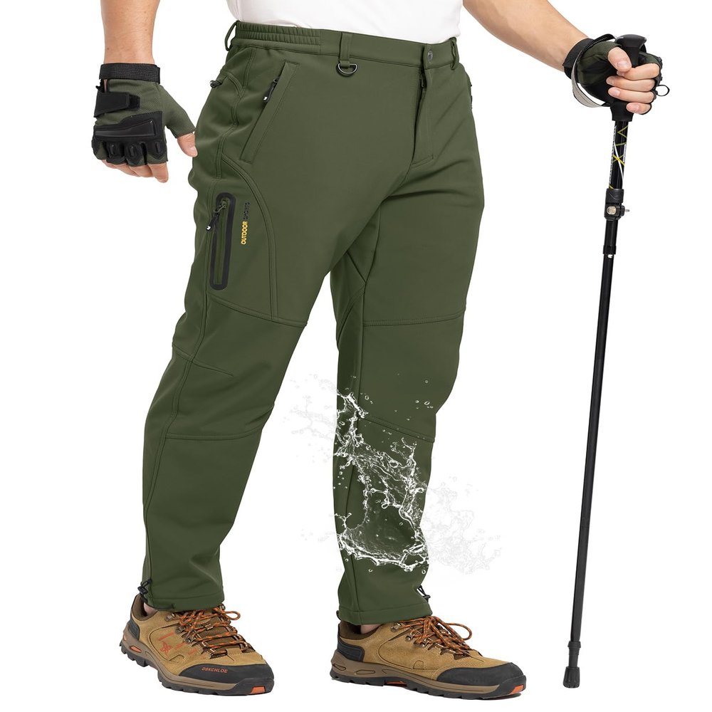TBMPOY Men's Snow Pants Waterproof Winter Fleece Lined Hiking Ski Softshell Warm Cold Weather Gear Camping Essentials Army Green 32
