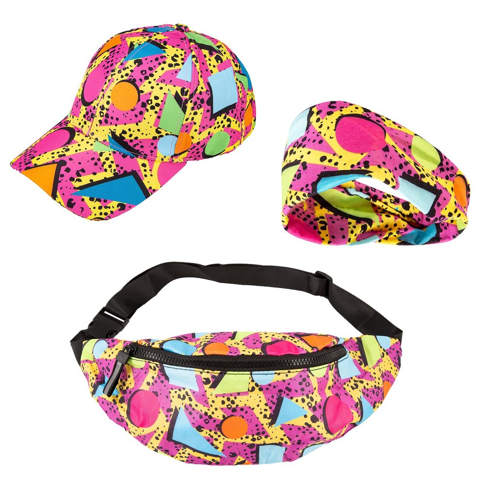 80s 90s Neon Fanny Pack Retro Waist Belt Packs Casual Waist Bag For Men Women And Baseball Caps 3D Print Hats 80s Vintage Hat Adjustable Unisex Caps For Travel Party Festival Hiking Cycling. 3 Pack