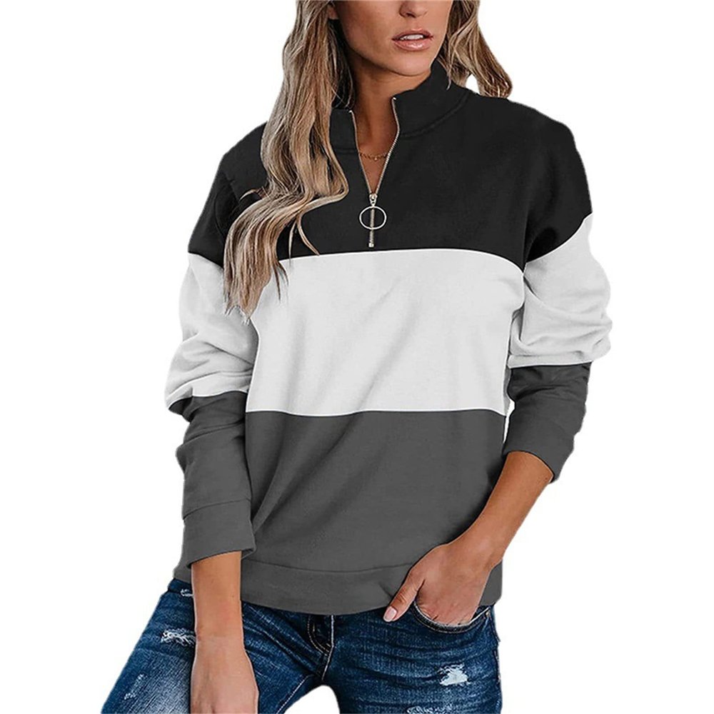Womens Color Block Quarter Zip Pullovers Long Sleeve Fall Winter Sweatshirts Fashion Casual Tunic Pullover Tops (Grey,Small)