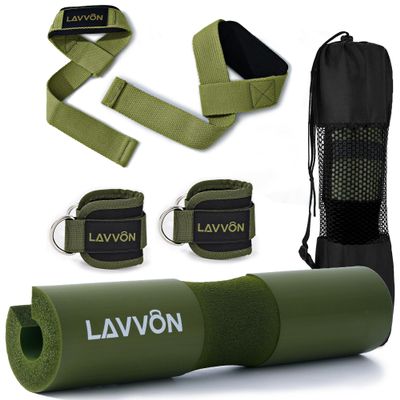 Squat Pad Set - Foam Barbell Pad for Squats Cushion, Lunges & Bar Padding for Hip Thrusts -Standard Olympic Weight Bar Pad,Gym Accessories for Women(Ankle Straps,Wrist Straps for Weightlifting)(Army-Green)