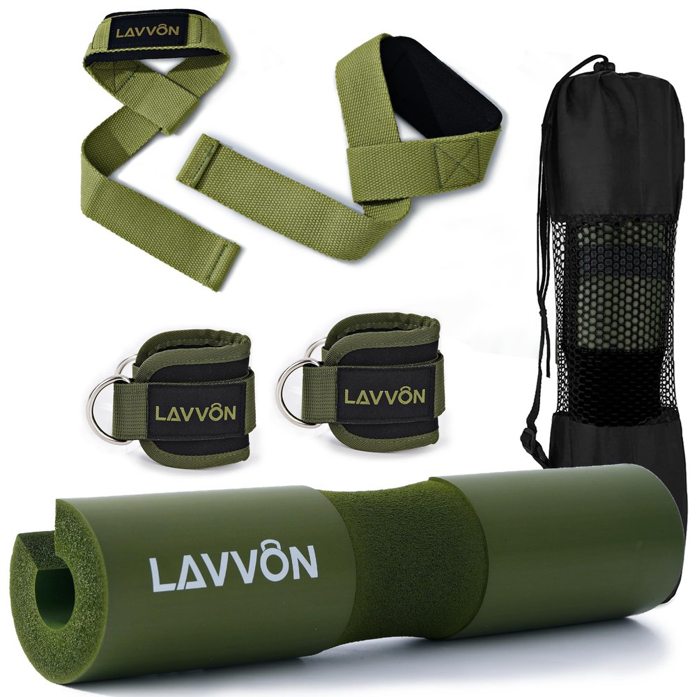 Squat Pad Set - Foam Barbell Pad for Squats Cushion, Lunges & Bar Padding for Hip Thrusts -Standard Olympic Weight Bar Pad,Gym Accessories for Women(Ankle Straps,Wrist Straps for Weightlifting)(Army-Green)