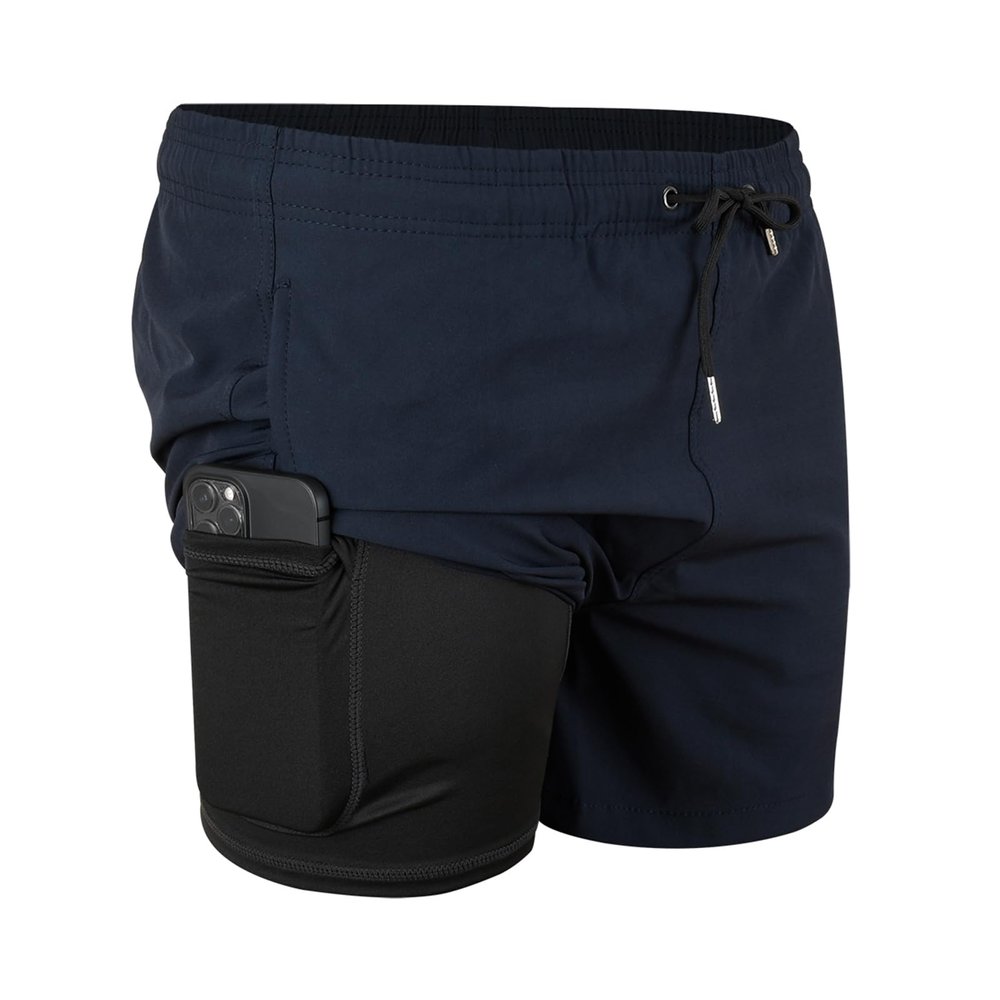 JOYSON Mens Swim Trunks with Compression Liner Quick Dry 5" Beach Shorts Workout Shorts with Pockets Dark Blue L
