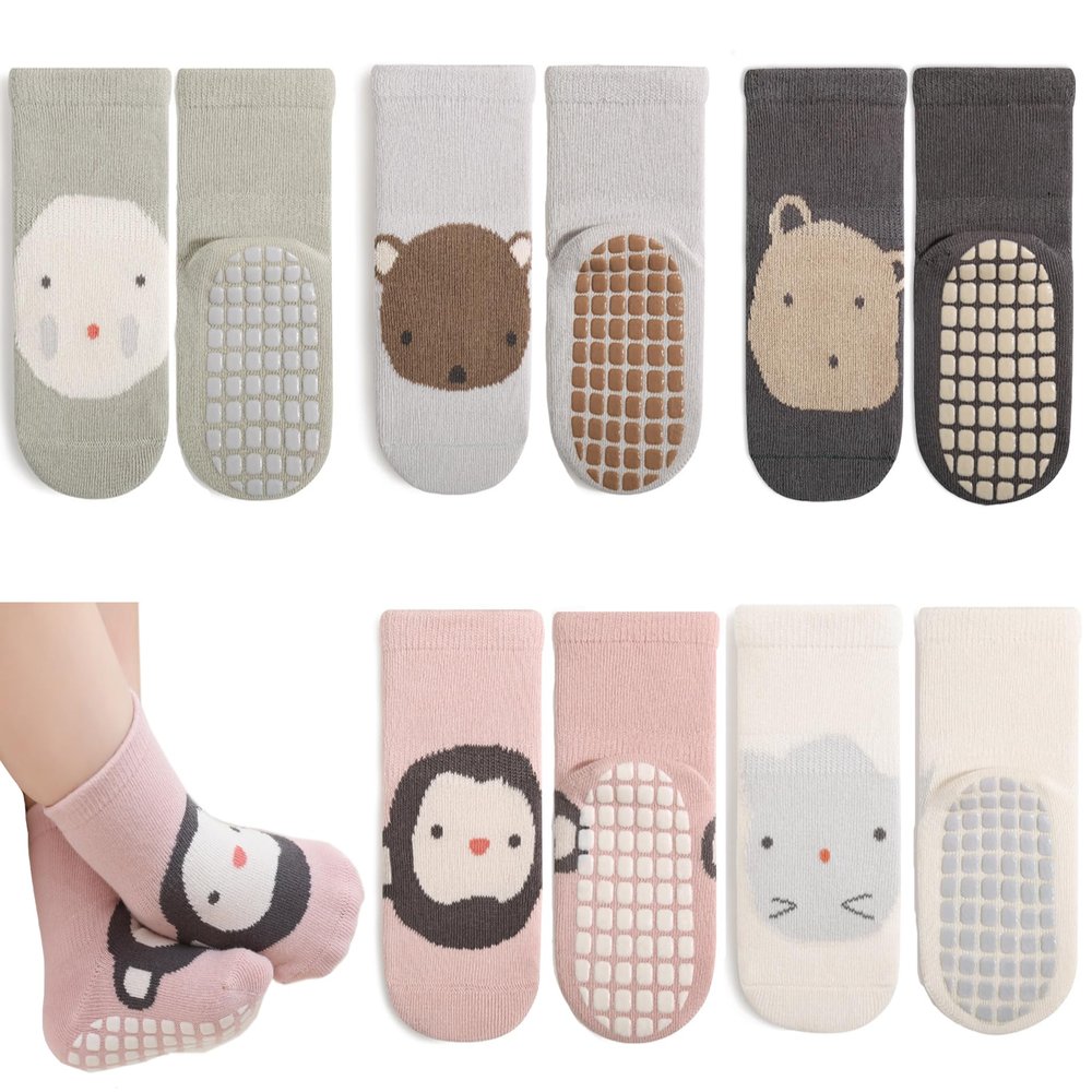 Exegawe Baby Non Slip Socks - 5 Pairs Toddler Kids All Weather Crew Length Anti Skid Soles Socks(Pink Monkey,S/6-12M)