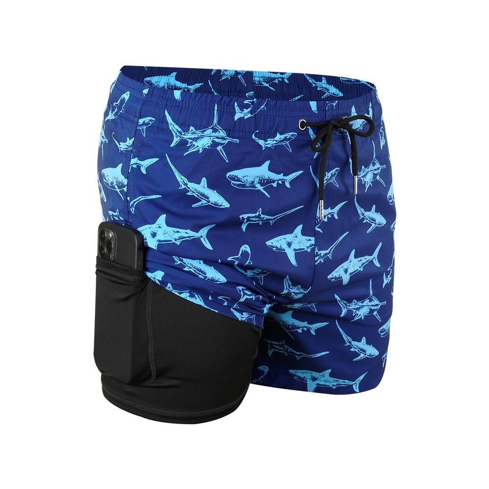 JOYSON Mens Swim Trunks with Compression Liner Quick Dry 5" Beach Shorts Workout Shorts with Pockets Dark Blue Shark Print XXL