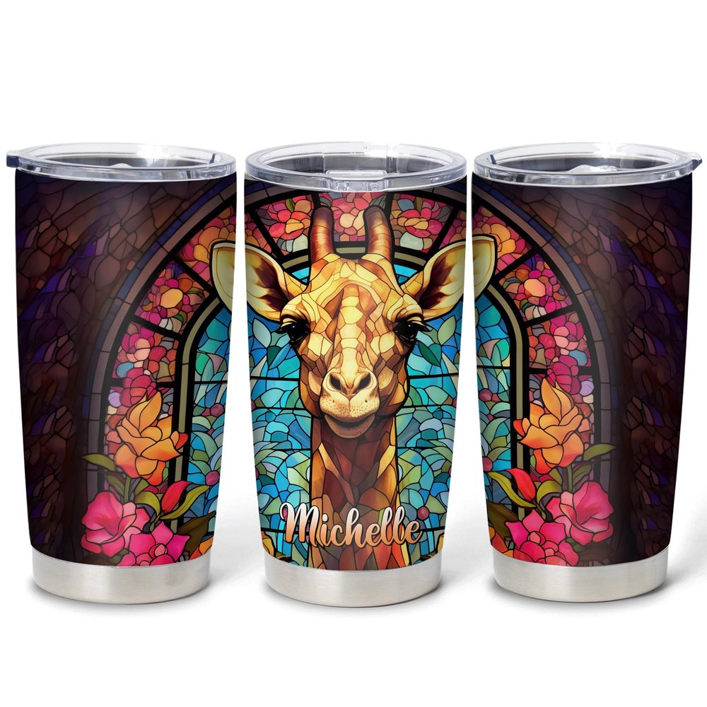 Hyturtle Personalized Gifts For Giraffe Lover - Birthday Christmas - Giraffe Print Custom Name Stainless Steel Tumbler 20oz With Straw Lid - Giraffe Lover Gifts For Her Women Girl Friend
