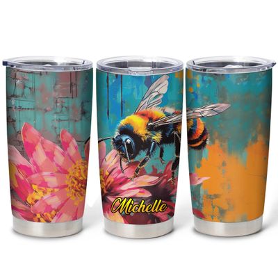 Hyturtle Personalized Gifts For Bee Lover - Bees Print With Sunflower Custom Name Stainless Steel Tumbler 20oz With Lid - Idea Bee Lover Gifts For Women Girl Daughter On Birthday, Christmas