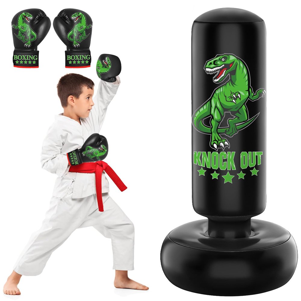 JUOIFIP Larger Stable Dinosaur Punching Bag for Kids, 66" Tall Sports Kids Teens Inflatable Punching Bag with Boxing Gloves, Gifts for Boys & Girls Age 5-12 for Practicing Karate, Taekwondo, MMA