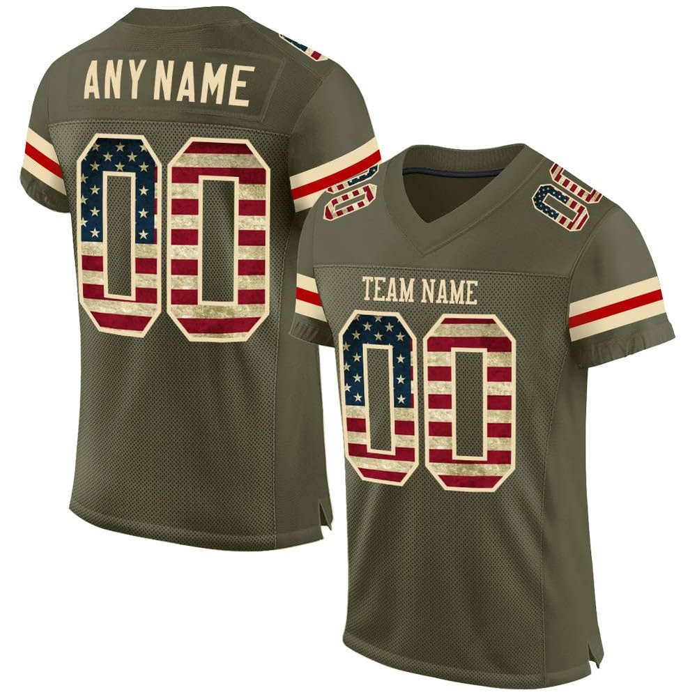 Custom Football Jersey for Men Women Youth, Dark Yellowish Green and USA Flag Cream, Athletic Sports Shirt Personalized Stitched Printed Name Number
