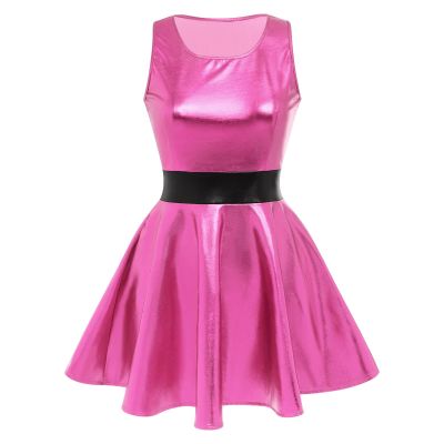 IBTOM Castle Women's Holographic Costume Sleeveless Round Neck Metallic Skateboarding Dress Sparkling Dancewear 90's Cartoon Anime Character Dress Pink Small