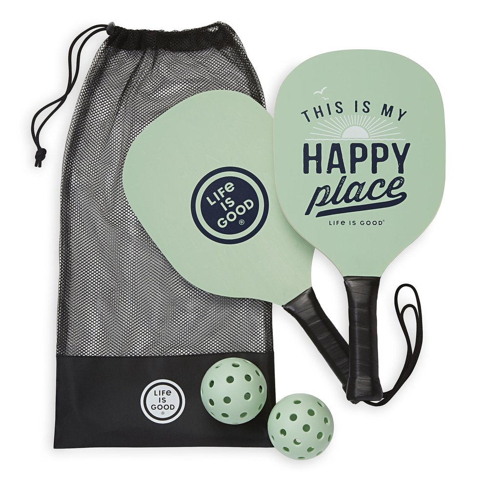 Life is Good Pickleball Starter Set - Includes 2 Wood Pickleball Paddles, 2 Regulation-Size Pickleball Balls and Pickleball Bag for Carrying Pickle Ball Equipment - Happy Place