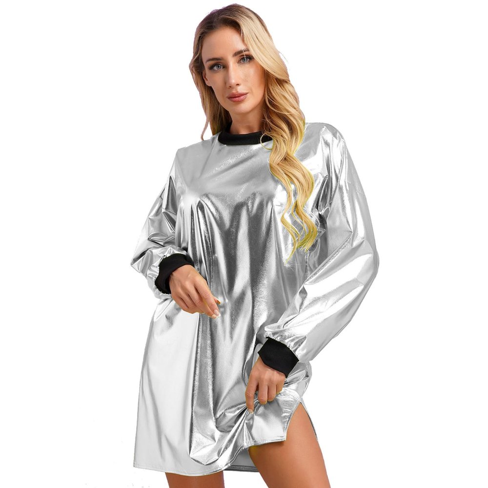Eandarui Woman's Holographic T-Shirt Mini Dress Shiny Loose Sparkle Tunic Shirt Dress Dance Clubwear Silver XX-Large