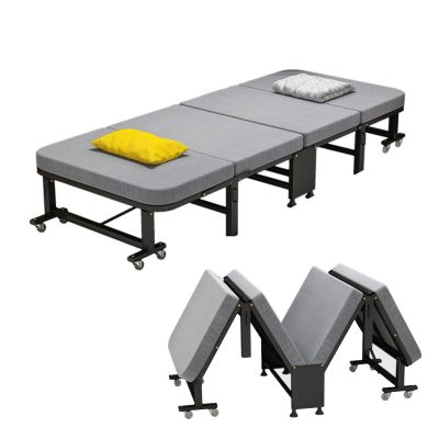 Folding Camping Cot with Mattress, 4-fold folding bed, Portable Foldable Bed with 8 universal pulleys, Space saving, Extra Guest Bed for Home Office Nap Vocation Outdoor ( Color : Cotton and hemp , Si