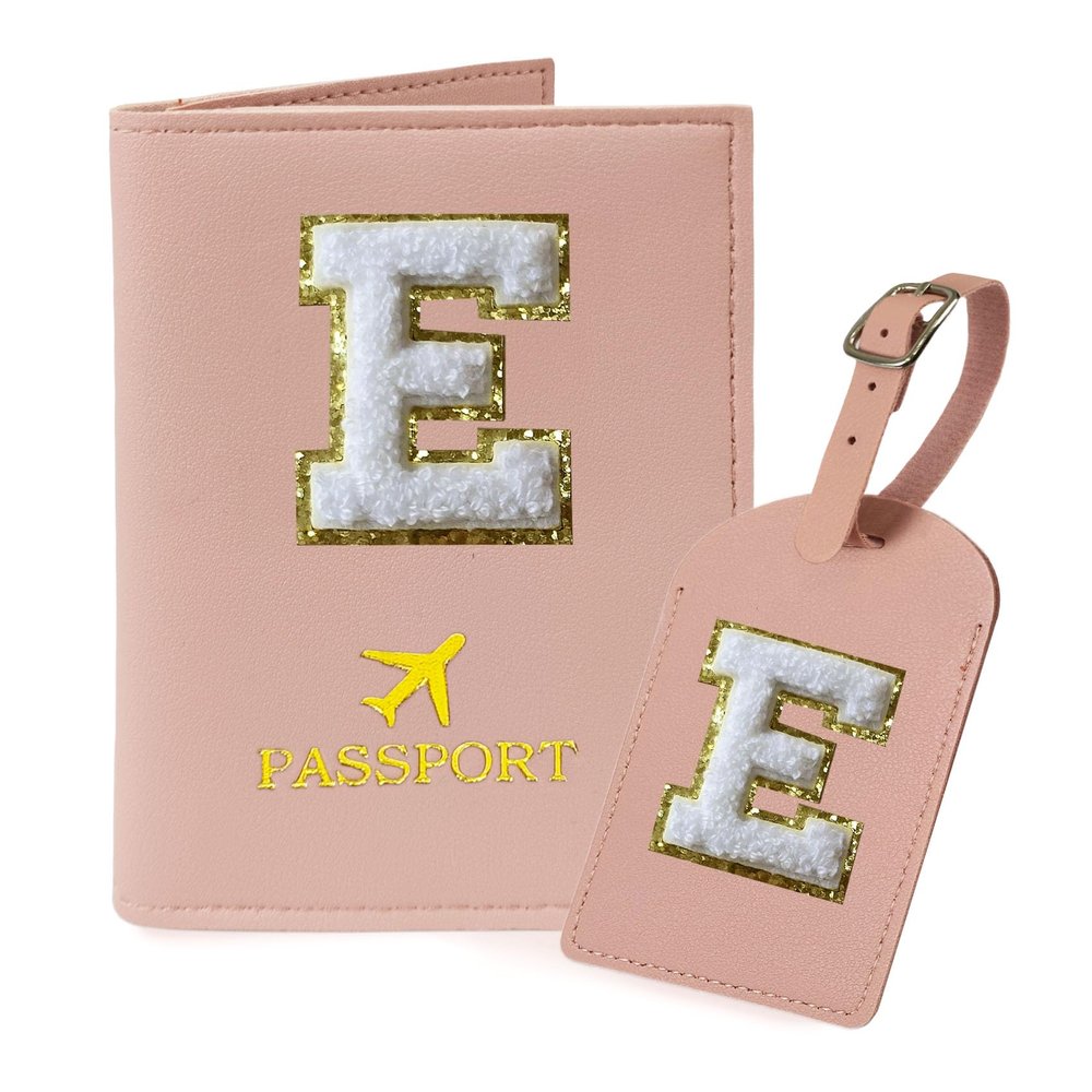 COSHAYSOO Passport Cover and Luggage Tag Set with Her Initial Chenille Letter Patch for Big Little Girls Sister Daughter, Kawaii Travel Bag Backpack Suitcase Identifier Pink E