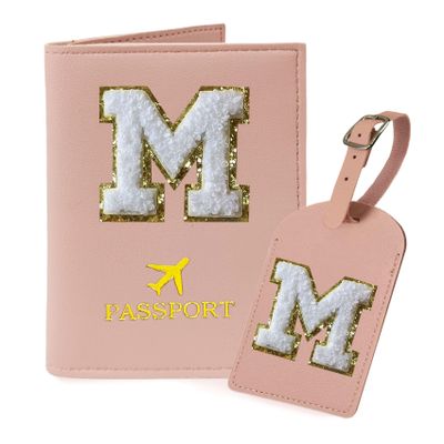 COSHAYSOO Pink Passport Cover Case Holder and Luggage Tag Set for Travel Women Teenager Girls with Initial Monogrammed Letter, Personalized Traveler Gifts Traveling Essential Accessories M