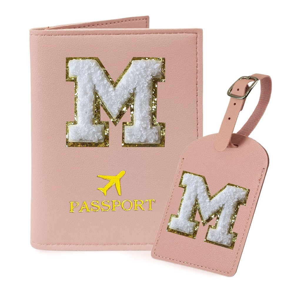 COSHAYSOO Pink Passport Cover Case Holder and Luggage Tag Set for Travel Women Teenager Girls with Initial Monogrammed Letter, Personalized Traveler Gifts Traveling Essential Accessories M