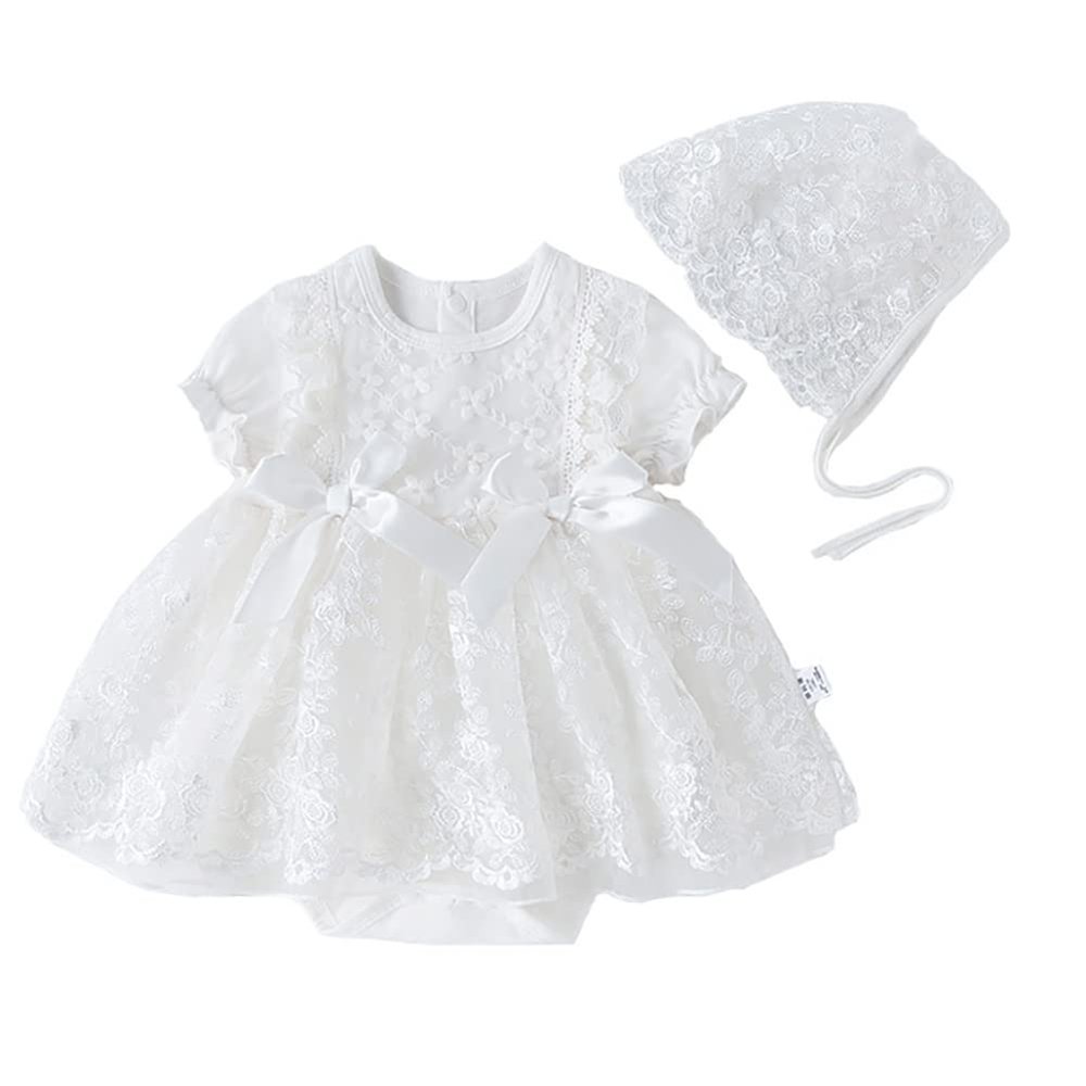 Newborn Infant Baby Girl Lace Tulle Tutu Dress With Hat - Flower Girl Baptism Christening Princess Wedding Romper Birthday Xmas Fall Winter Clothes White & Lace 3-6 Months