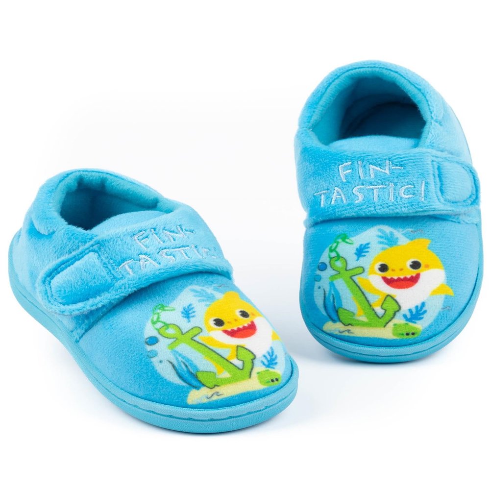 Baby Shark Boys Slippers | Kids Blue Fin-tastic Footwear with Adjustable Strap | Singing Family Loungewear | Slip On Shoes