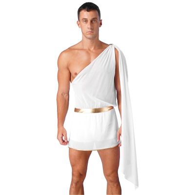 YEAHDOR Mens Toga Greek God Costume Mythology One Shoulder Slit Skirt Grecian Toga Halloween Fancy Dress Up Short White 3X-Large
