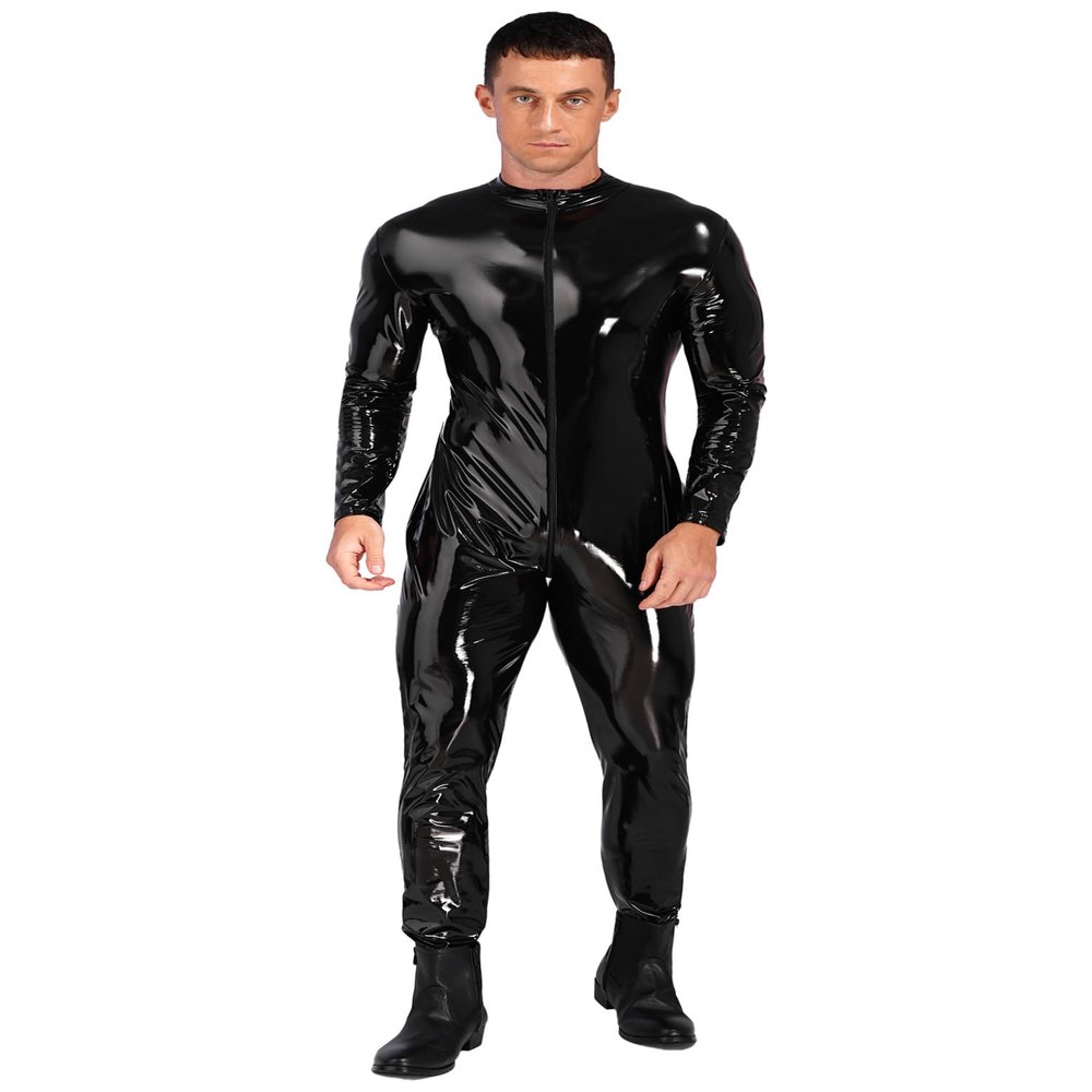Lejafay Latex Men's Patent Leather Jumpsuits Wet Look Liquid Stretchy Tights Bodysuit Costume Long Sleeve Black E XX-Large