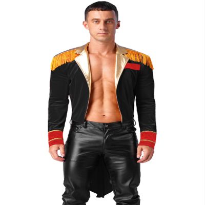 ACSUSS Men's Sexy Ringmaster Costume Velvet Swallow-tailed Coat Halloween Circus Showman Jacket Black C Large