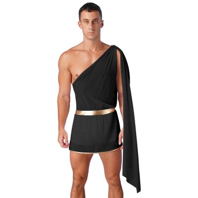 YEAHDOR Mens Toga Greek God Costume Mythology One Shoulder Slit Skirt Grecian Toga Halloween Fancy Dress Up Short Black Medium