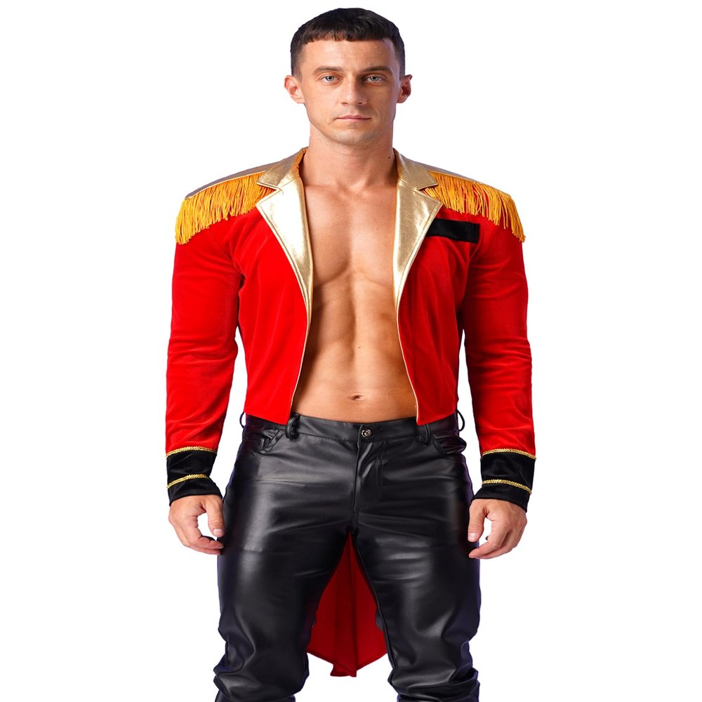 ACSUSS Men's Sexy Ringmaster Costume Velvet Swallow-tailed Coat Halloween Circus Showman Jacket Red C Large
