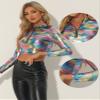 Allegra K Metallic Crop Top for Women's Halloween Mock Neck Long Sleeve Zip Up Party Shiny Tops Medium Multicolor Black view 2