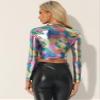 Allegra K Metallic Crop Top for Women's Halloween Mock Neck Long Sleeve Zip Up Party Shiny Tops Medium Multicolor Black view 3