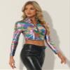 Allegra K Metallic Crop Top for Women's Halloween Mock Neck Long Sleeve Zip Up Party Shiny Tops Medium Multicolor Black view 4