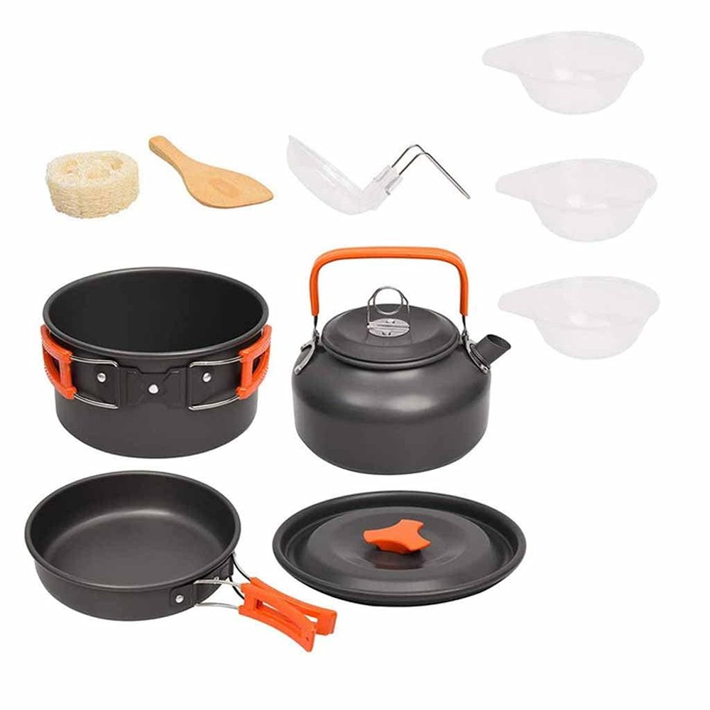 ZJHYXYH Camping Cookware Kit Outdoor Aluminum Cooking Set Water Kettle Pan Pot Travelling Hiking Picnic BBQ Tableware Equipment (Color : E)