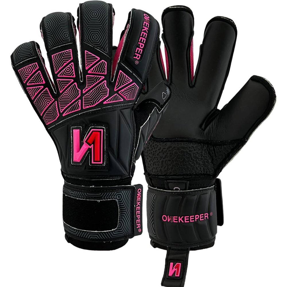 ONEKEEPER Vector Junior Goalkeeper Gloves with Finger Protection/Removable Fingersaves Soccer Goalie Gloves for Kids & Youth 3.5mm Semi-Pro Latex (Sizes 3-7) (Black and Pink, 4)