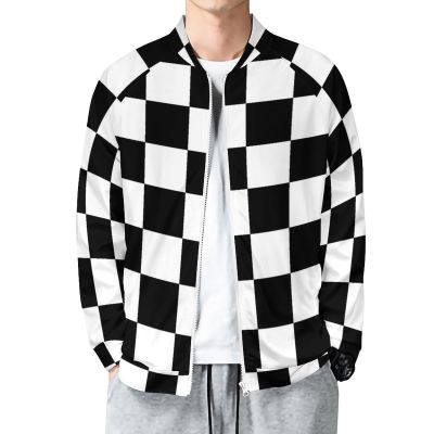 Checkerboard Black White Checkered Bomber Jacket Men Lightweight Causal Flight Windbreaker Track Jacket Shirt M