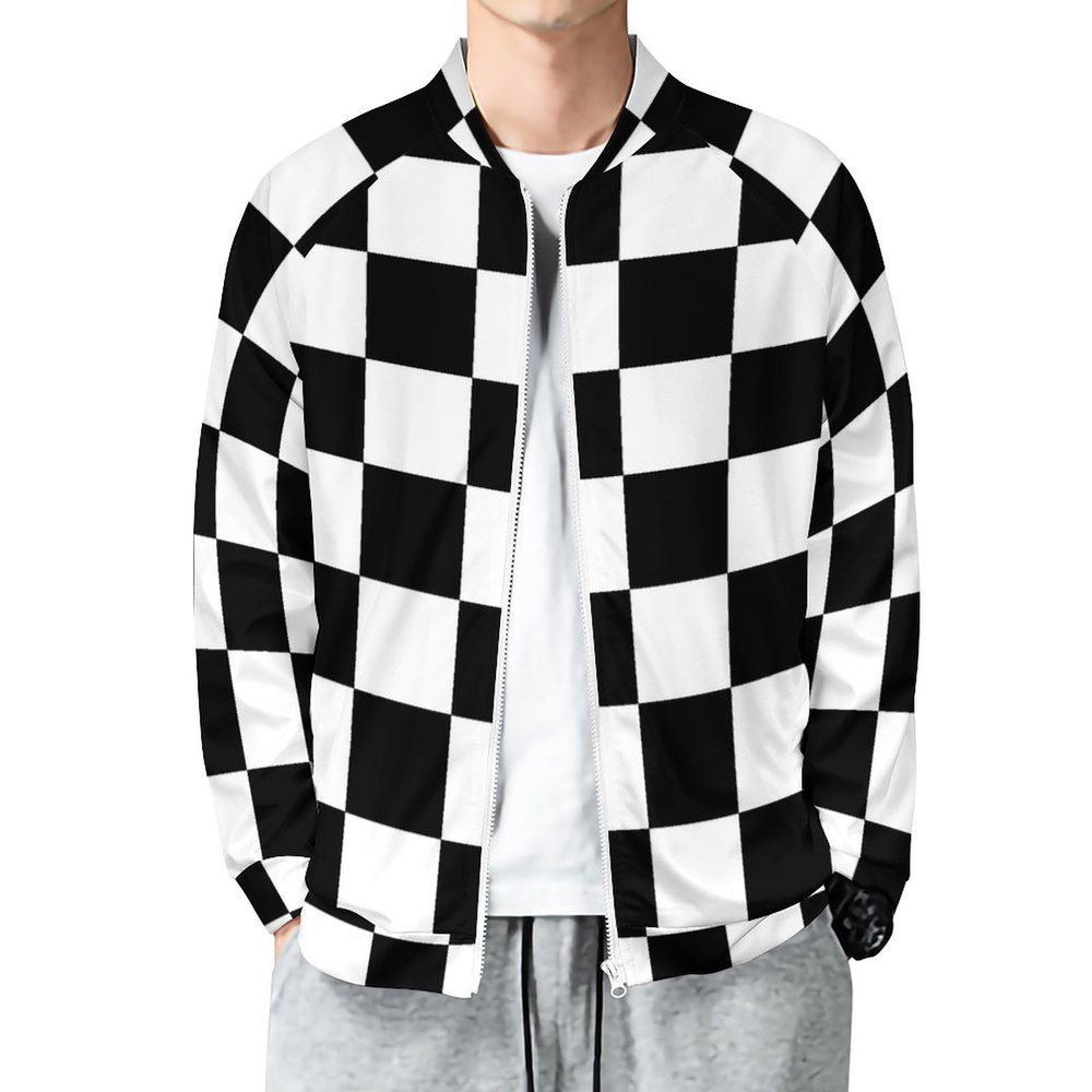 Checkerboard Black White Checkered Bomber Jacket Men Lightweight Causal Flight Windbreaker Track Jacket Shirt M