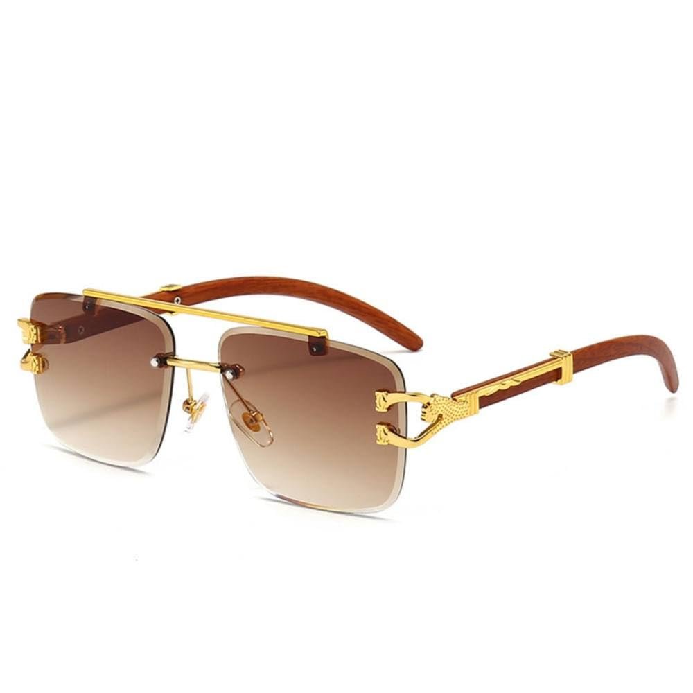 Retro Rimless Square Sunglasses for Men Women UV400 Protection Gold Leopard Head Metal Wood Frame Framless Lenses,Gold Tea,One size