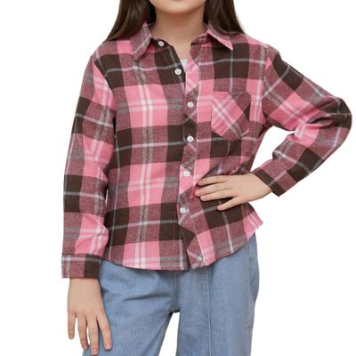 SANGTREE Girls Long Sleeve Plaid Shirts Button Down Flannel Shirts,Pink Brown, 12-13 Years = Tag 180