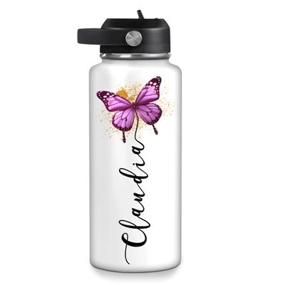 Hyturtle Personalized Butterfly Water Bottle - Custom Name Insulated Stainless Steel Bottle with Leak-Proof Lid 18oz 32oz - Animal Gift for Women Girls Butterfly Lovers - Birthday & Christmas Gift