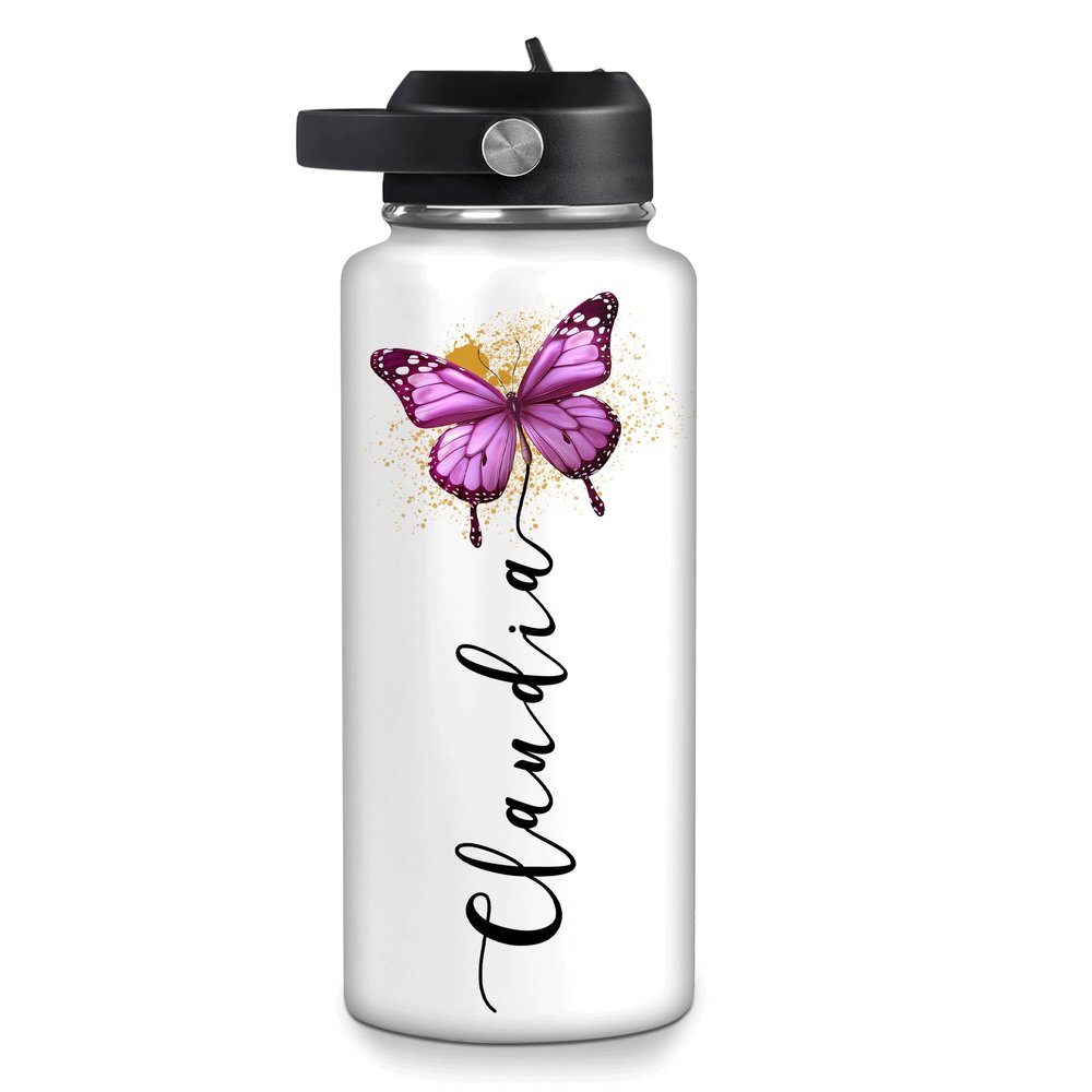 Hyturtle Personalized Butterfly Water Bottle - Custom Name Insulated Stainless Steel Bottle with Leak-Proof Lid 18oz 32oz - Animal Gift for Women Girls Butterfly Lovers - Birthday & Christmas Gift
