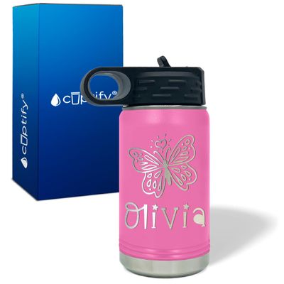 Kids Water Bottle Personalized with Name on 12 oz Pink Matte Ring Insulated Water Bottle
