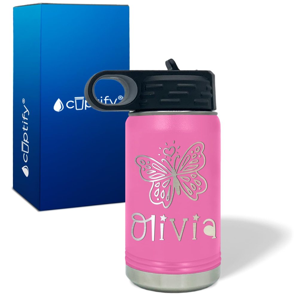 Kids Water Bottle Personalized with Name on 12 oz Pink Matte Ring Insulated Water Bottle