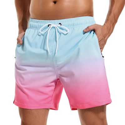 SILKWORLD Swim Trunks Men Quick Dry Bathing Suits Shorts with Zipper Pockets, MQ18_Zip_Blue & Rose Gradient, Small