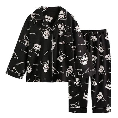 WANHONGYUE Cartoon Printed Pajamas for Women Girls Long Sleeve Shirt with Pj Pants Sleepwear Home Wear 2 Piece Pajama Sets, Black, XXL