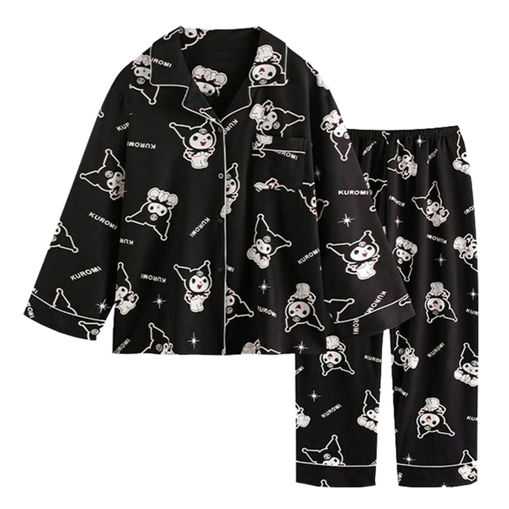 WANHONGYUE Cartoon Printed Pajamas for Women Girls Long Sleeve Shirt with Pj Pants Sleepwear Home Wear 2 Piece Pajama Sets, Black, XXL