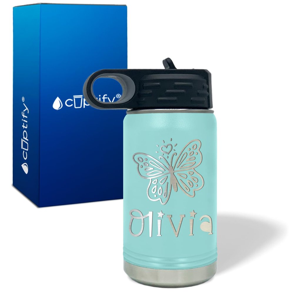 Kids Water Bottle Personalized with Name on 12 oz Seafoam Matte Ring Insulated Water Bottle