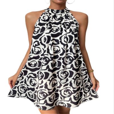 DUNBRI Women's Dress Allover Print Halter Neck Dress (Color : Multicolor, Size : Small)