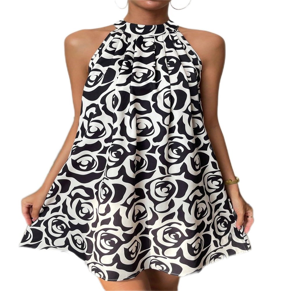 DUNBRI Women's Dress Allover Print Halter Neck Dress (Color : Multicolor, Size : Small)